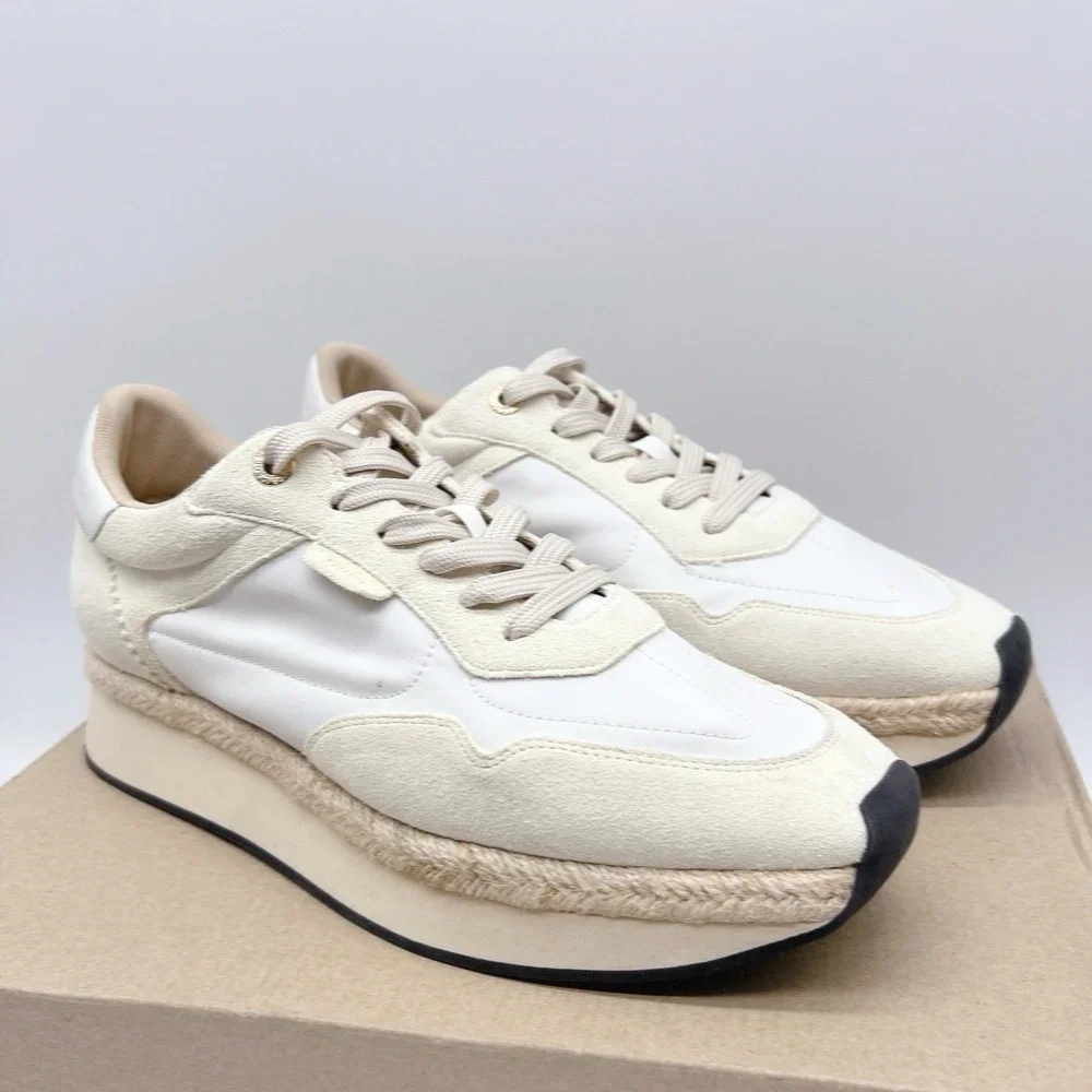 L'Agance Ivone Women's Platform Lace Up Sneakers Casual Shoes White Beige US 10
